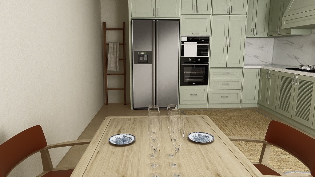3D interior render of a sage green kitchen and dining table by Oskar Olszewski